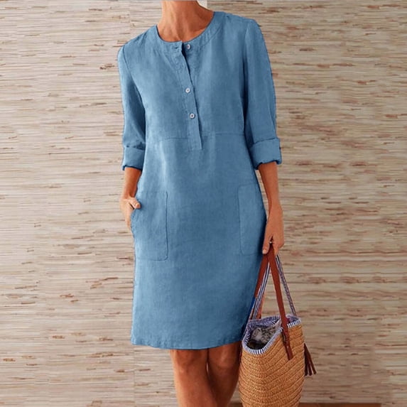 ZHOGXU Women's Dress Long Sleeve Round Neck Solid Color Button Bohemian Fashion Comfortable Dresses With Pockets For Casual Daily Wear,Light Blue,Xxl