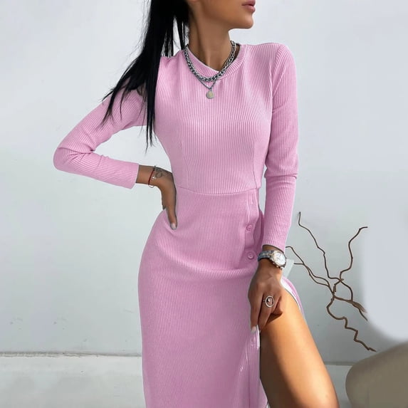 ZHOGXU Women's Dress Long Sleeve Round Neck Solid Color Side Split Fashion Comfortable Elegant Dresses For Casual Daily Wear,Pink,M