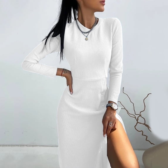 ZHOGXU Women's Dress Long Sleeve Round Neck Solid Color Side Split Fashion Comfortable Elegant Dresses For Casual Daily Wear,White,S