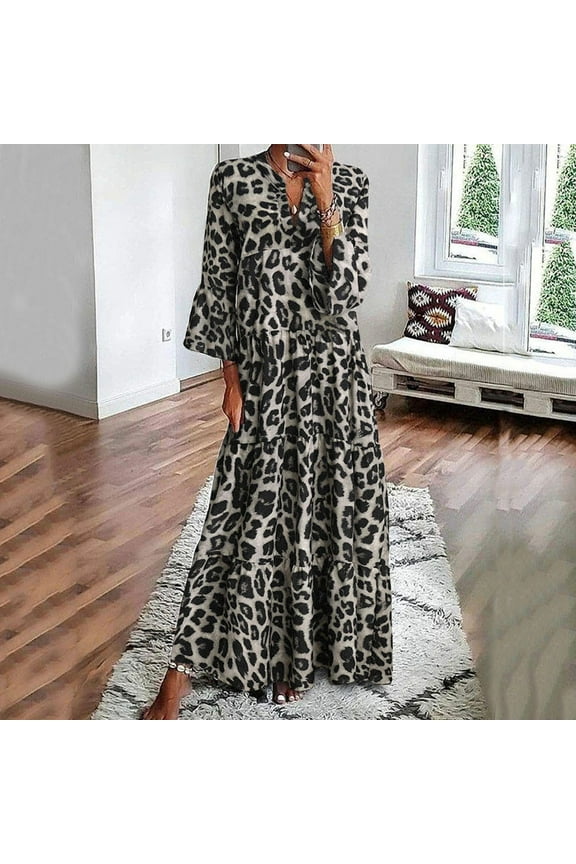 Women's Dress Long Sleeve V Neck Leopard Print Fashion Comfortable Loose Fit Dresses For Casual Daily Wear,Grey,Xxl