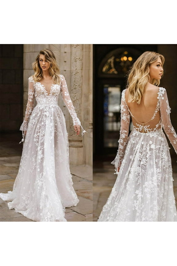 Women's Dress Long Sleeve V Neck Solid Color Lace Embroidery Backless Fashion Comfortable Maxi Dresses For Evening Party,White,Xxl