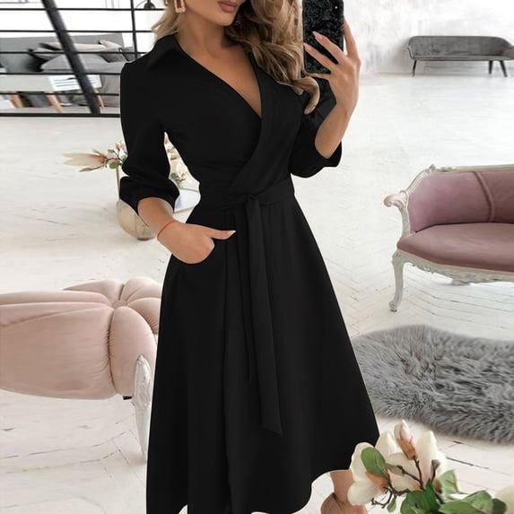 ZHOGXU Women's Dress Long Sleeve V Neck Solid Color Lace Up Fashion Comfortable Slim Fit Dresses With Pockets For Casual Daily Wear,Black,L