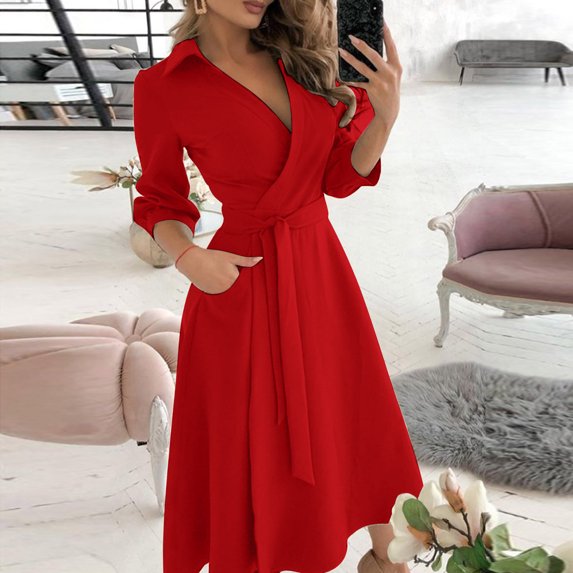 ZHOGXU Women's Dress Long Sleeve V Neck Solid Color Lace Up Fashion Comfortable Slim Fit Dresses With Pockets For Casual Daily Wear,Red,L