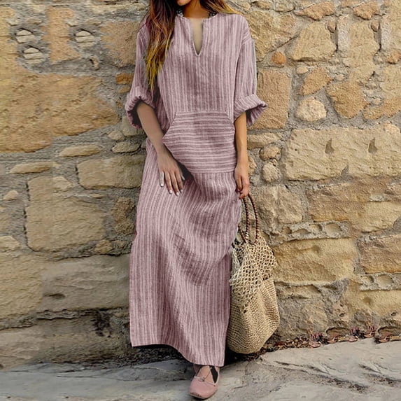 ZHOGXU Women's Dress Long Sleeve V Neck Stripe Print Fashion Comfortable Loose Fit Dresses With Pockets For Casual Daily Wear,Red,M