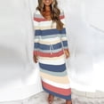 thumbnail image 1 of ZHOGXU Women's Dress Long Sleeve V Neck Striped Print Drawstring Fashion Comfortable Dresses With Pockets For Casual Daily Wear,Dark Blue,M, 1 of 5