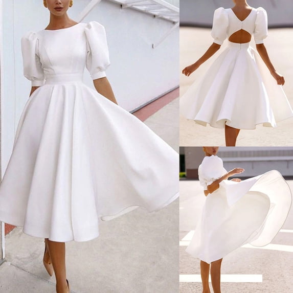 ZHOGXU Women's Dress Short Sleeve Puff Sleeve Round Neck Solid Color Backless Fashion Comfortable Elegant Dresses For Daily Wear And Party,White,L