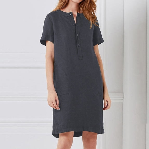 ZHOGXU Women's Dress Short Sleeve Round Neck Solid Color Buttons Fashion Comfortable Dresses With Pockets For Casual Daily Wear,Grey,Xl