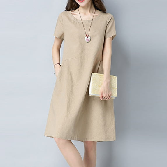 ZHOGXU Women's Dress Short Sleeve Round Neck Solid Color Fashion Comfortable Loose Fit Mini Dresses For Casual Daily Wear,Khaki,L