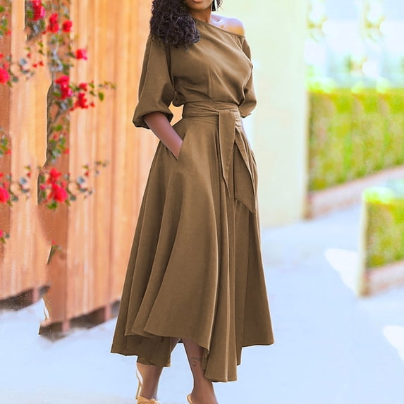 ZHOGXU Women's Dress Short Sleeve Slash Neck Solid Color A Line Lace Up Fashion Comfortable Maxi Dresses With Pockets For Casual Daily Wear,Khaki,Xxl