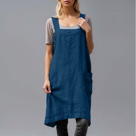 ZHOGXU Women's Dress Sleeveless Suspender Solid Color Fashion Comfortable Loose Fit Linen Pinafore With Pockets For Casual Daily Wear,Dark Blue,Xxl