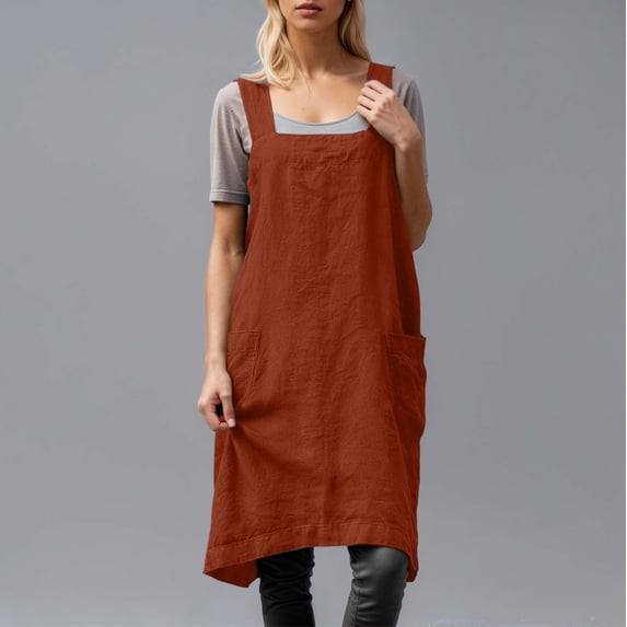 ZHOGXU Women's Dress Sleeveless Suspender Solid Color Fashion Comfortable Loose Fit Linen Pinafore With Pockets For Casual Daily Wear,Orange,Xxxxl