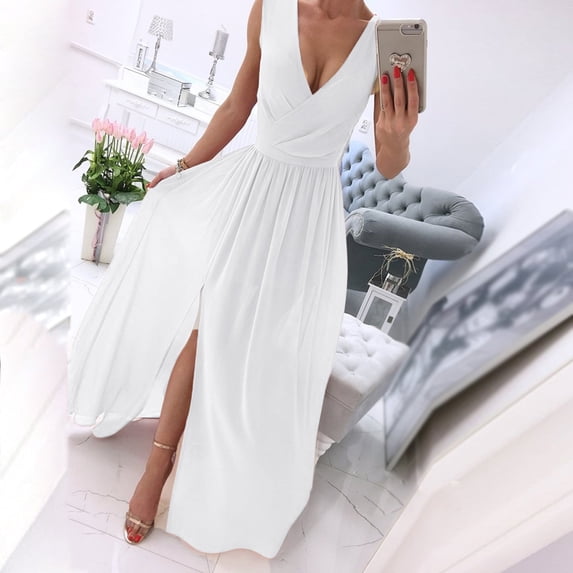 ZHOGXU Women's Dress Sleeveless V Neck Solid Color Side Split A Line Fashion Comfortable Formal Dresses For Evening Party,White,Xl