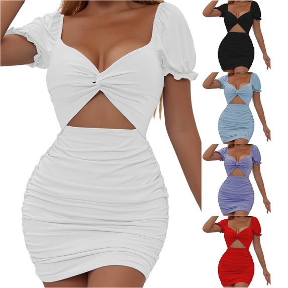 ZHOGXU Women's Dresses Puff Sleeve V Neck Front Hollow Out Solid Color Elegant Comfortable Slim Fit Dress For Party Wear,White,L