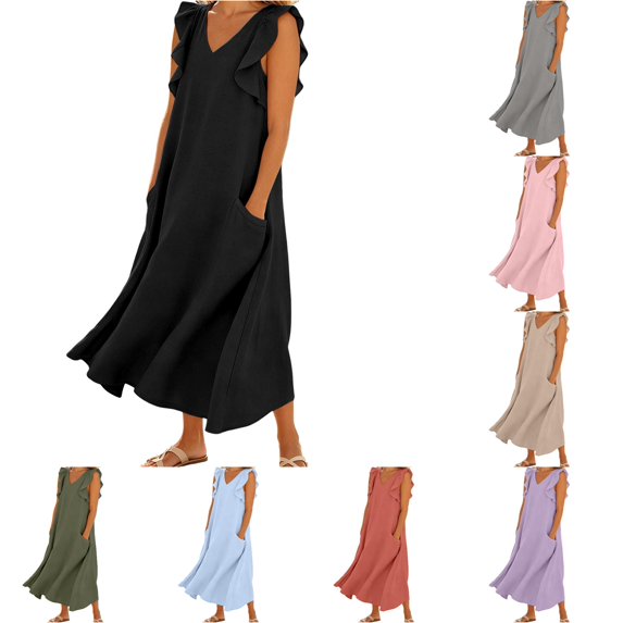 ZHOGXU Women's Dresses Summer Flying Sleeve V Neck Solid Color Comfortable Flowy Swing Dress With Pockets For Casual Daily Wear,Black,Xl