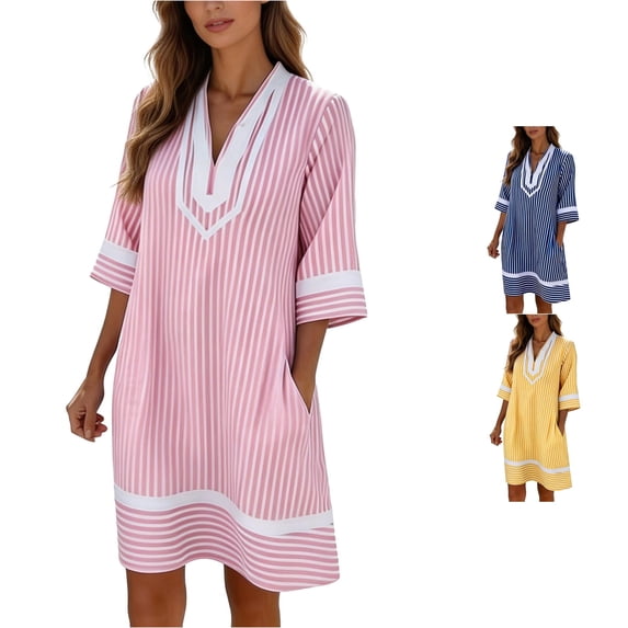 ZHOGXU Women's Dresses Summer Short Sleeve V Neck Striped Print Comfortable Breathable Loose Fit Dress With Pockets For Everyday Wear,Red,Xxxl