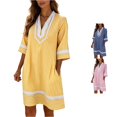thumbnail image 1 of ZHOGXU Women's Dresses Summer Short Sleeve V Neck Striped Print Comfortable Breathable Loose Fit Dress With Pockets For Everyday Wear,Yellow,S, 1 of 4