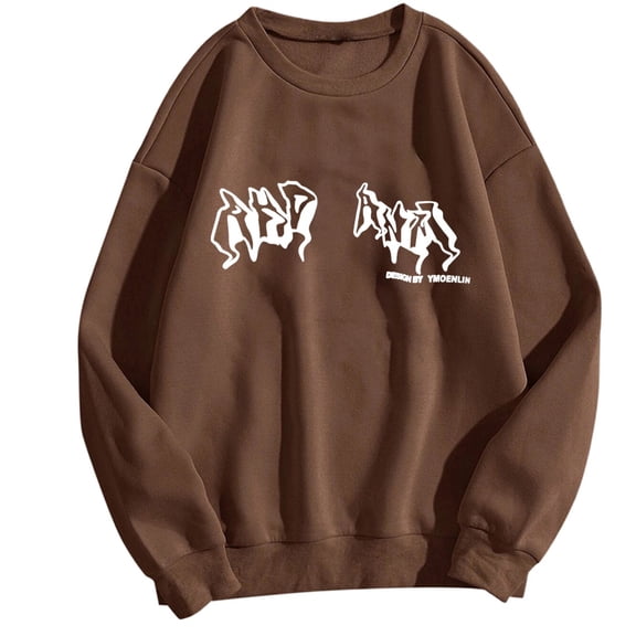 ZHOGXU Women's Fall Winter Pullover Cartoon Printed Round Neck Long Sleeved Breathable Loose Fit Sweatshirt For Casual Daily Wear,Coffee,M