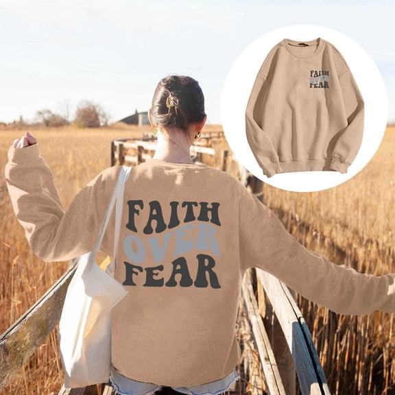 ZHOGXU Women's Fall Winter Pullover Letter Printed Round Neck Long Sleeved Stylish Loose Sweatshirt For Everyday Wear,Khaki,Xxl