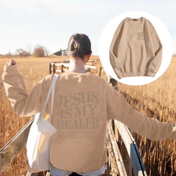 ZHOGXU Women's Fashion Pullover Letter Printed Round Neck Long Sleeved Comfortable Breathable Sweatshirt For Casual Daily Wear,Khaki,Xxl