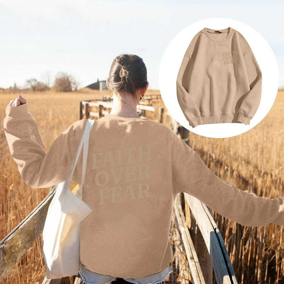 ZHOGXU Women's Fashion Pullover Letter Printed Round Neck Long Sleeved Comfortable Breathable Sweatshirt For Casual Daily Wear,Khaki,Xxl