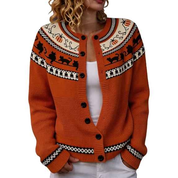 ZHOGXU Women's Halloween Cardigan Fall Fair Isle Knit Sweater Black Cat Pattern Button Down Long Sleeve Outerwear ,Orange7,S