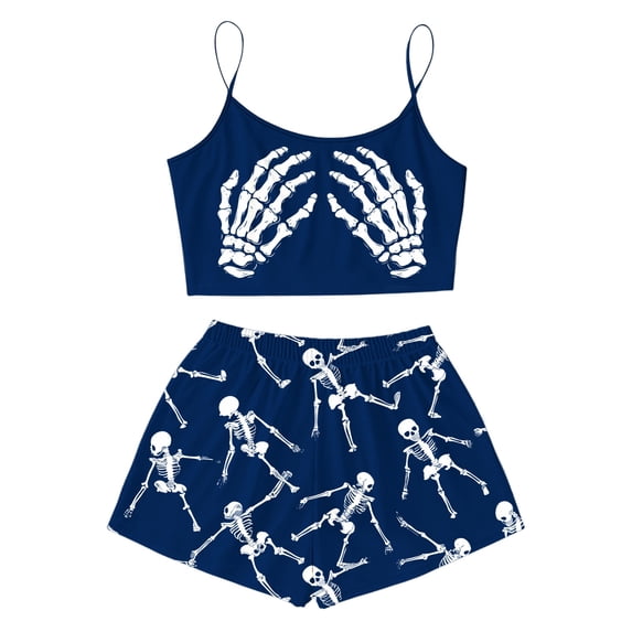 ZHOGXU Women's Halloween Skeleton Print Pajamas Sleeveless Crop Camisole & Shorts Pajama Sets 2 Piece Loungewear Pjs,Dark Blue,S