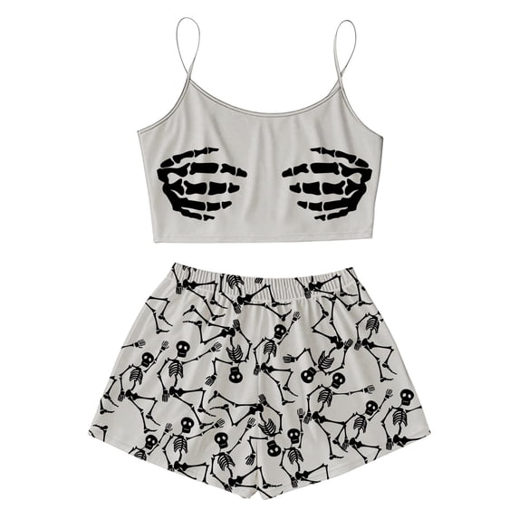 ZHOGXU Women's Halloween Skeleton Print Pajamas Sleeveless Crop Camisole & Shorts Pajama Sets 2 Piece Loungewear Pjs,Grey,M