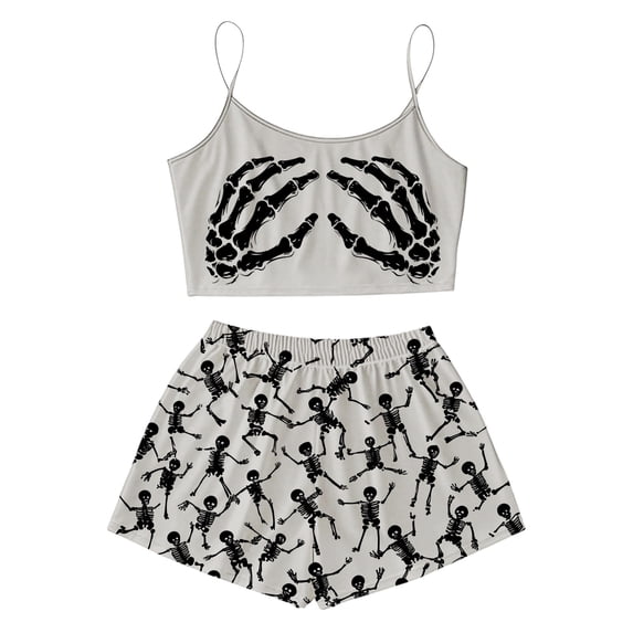 ZHOGXU Women's Halloween Skeleton Print Pajamas Sleeveless Crop Camisole & Shorts Pajama Sets 2 Piece Loungewear Pjs,Grey,XXL