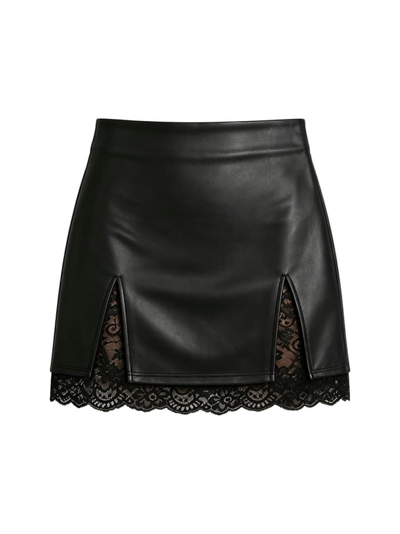 Women's High Waist Mini Skirt Lace Hem Faux Leather Side Split Bodycon Skirts For Night Club,Black,XL