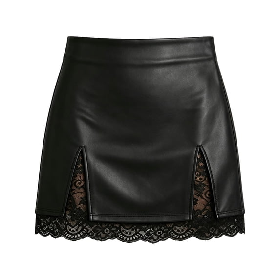 ZHOGXU Women's High Waist Mini Skirt Lace Hem Faux Leather Side Split Bodycon Skirts For Night Club,Black,XXL