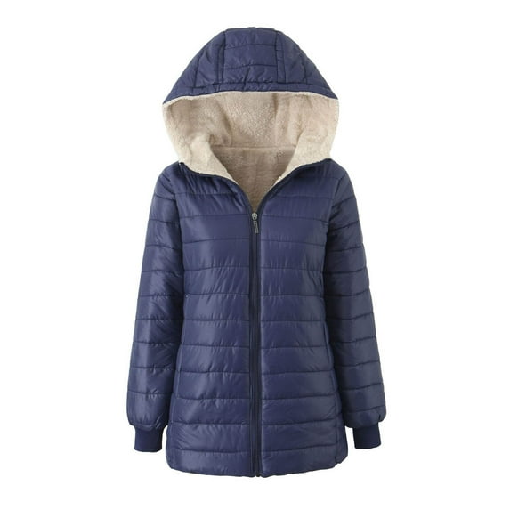 ZHOGXU Women's Hooded Coat Long Sleeve Solid Color Zipper Plush Comfortable Stylish Jacket For Casual Daily Wear Navy L