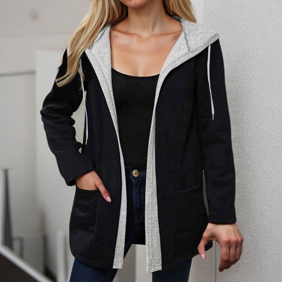 ZHOGXU Women's Hooded Coat With Pocket Long Sleeve Color Block Drawstring Zipper Comfortable Fashion Jacket For Casual Daily Wear Black L