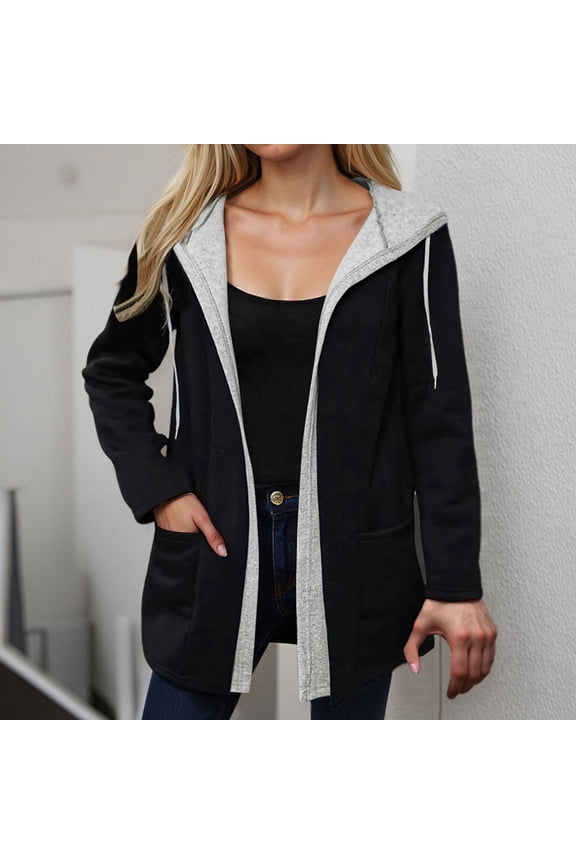 Women's Hooded Coat With Pocket Long Sleeve Color Block Drawstring Zipper Comfortable Fashion Jacket For Casual Daily Wear Black L