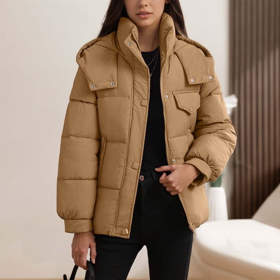 ZHOGXU Women's Hooded Coat With Pocket Long Sleeve Stand Collar Solid Color Zipper Comfortable Thickened Jacket For Casual Daily Wear Brown L