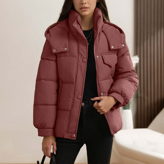 ZHOGXU Women's Hooded Coat With Pocket Long Sleeve Stand Collar Solid Color Zipper Comfortable Thickened Jacket For Casual Daily Wear Red L