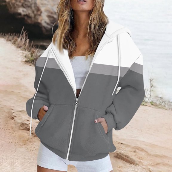 ZHOGXU Women's Hooded Coat With Pockets Long Sleeve Color Block Zipper Plush Comfortable Stylish Jacket For Casual Daily Wear Grey S