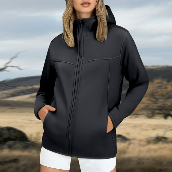 ZHOGXU Women's Hooded Coat With Pockets Long Sleeve Solid Color Zipper Plush Windproof Comfortable Stylish Jacket For Casual Daily Wear Black L