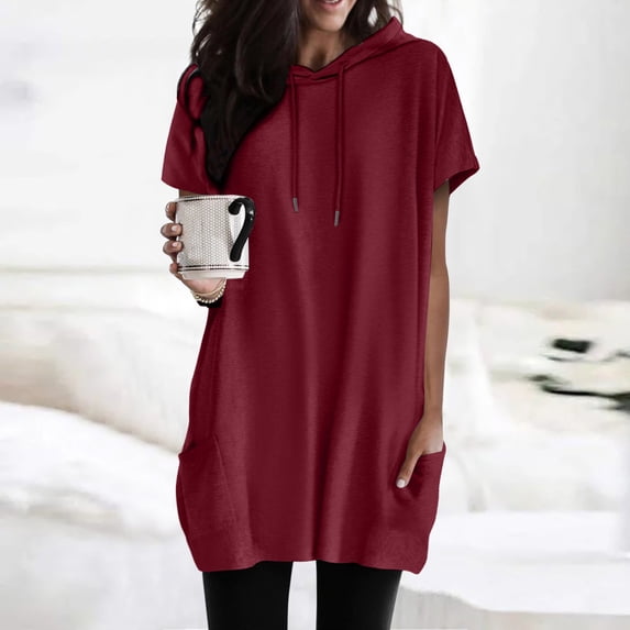 ZHOGXU Women's Hooded Top With Pockets Short Sleeve Drawstring Solid Color Comfortable Fashion T Shirt For Casual Daily Wear,Wine,M