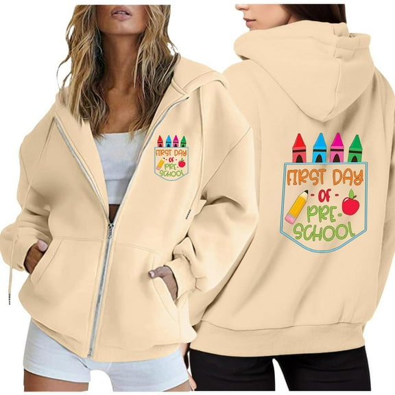 ZHOGXU Women's Hoodies With Pocket Long Sleeve Letter Print Zip Up Drawstring Comfortable Stylish Sweatshirt For Casual Daily Wear,Beige,L