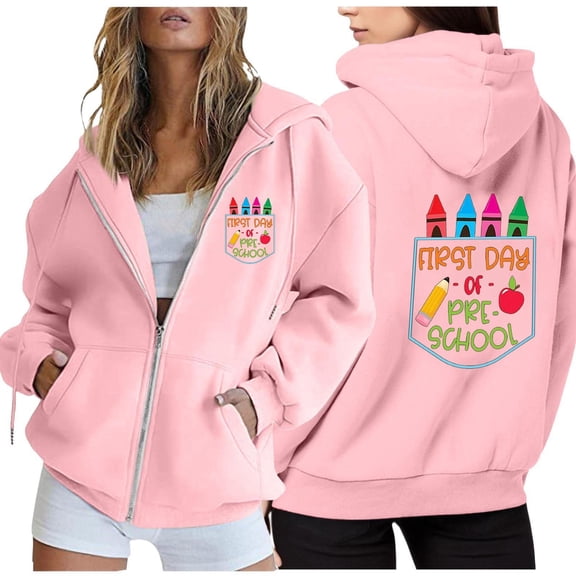 ZHOGXU Women's Hoodies With Pocket Long Sleeve Letter Print Zip Up Drawstring Comfortable Stylish Sweatshirt For Casual Daily Wear,Pink,Xxxl