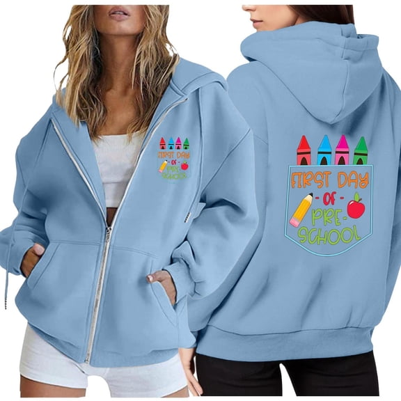 ZHOGXU Women's Hoodies With Pocket Long Sleeve Letter Print Zip Up Drawstring Comfortable Stylish Sweatshirt For Casual Daily Wear,Sky Blue,Xl