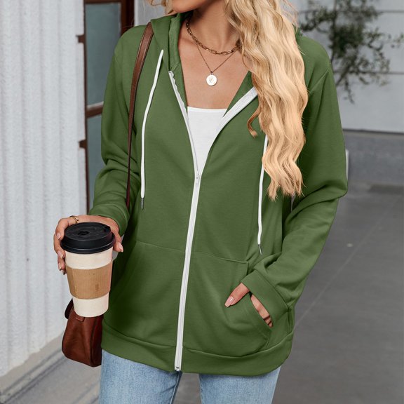 ZHOGXU Women's Hoodies With Pocket Zip Up Long Sleeve Solid Color Drawstring Comfortable Breathable Sweatshirts For Casual Daily Wear,Army Green,M