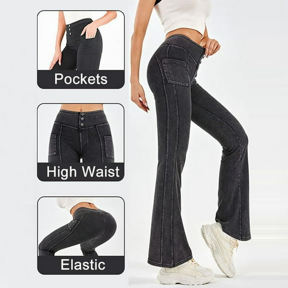 ZHOGXU Women's Jeans High Waist Solid Color Buttons Flare Stretchy Comfortable Denim Pants Trousers For Gym Casual Wear,Dark Gray,Xl