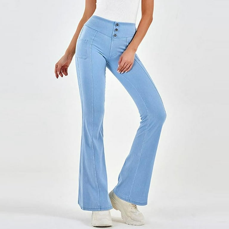 ZHOGXU Women's Jeans High Waist Solid Color Buttons Flare Stretchy