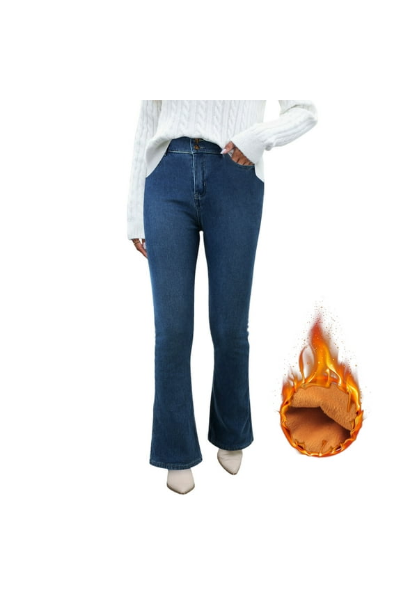 Women's Jeans High Waisted Elastic Brushed Lined Solid Color Flare Comfortable Denim Pants Trousers For Fall Winter Daily Wear,Blue,31