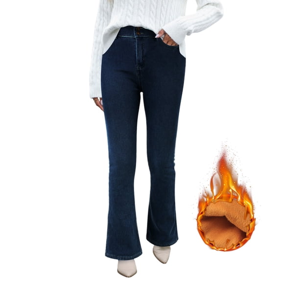 ZHOGXU Women's Jeans High Waisted Elastic Brushed Lined Solid Color Flare Comfortable Denim Pants Trousers For Fall Winter Daily Wear,Dark Blue,27