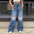 thumbnail image 1 of ZHOGXU Women's Jeans With Pocket Tight Waisted Straight Fit Wide Leg Ripped Distressed Comfortable Stretch Denim Pants Trousers For Everyday Wear,Blue,L, 1 of 5