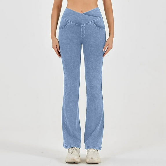 ZHOGXU Women's Jeans With Pocket Elastic Waist Solid Color Straight Fit Slim Stretch Denim Pants Trousers For Everyday Wear,Light Blue,Xl