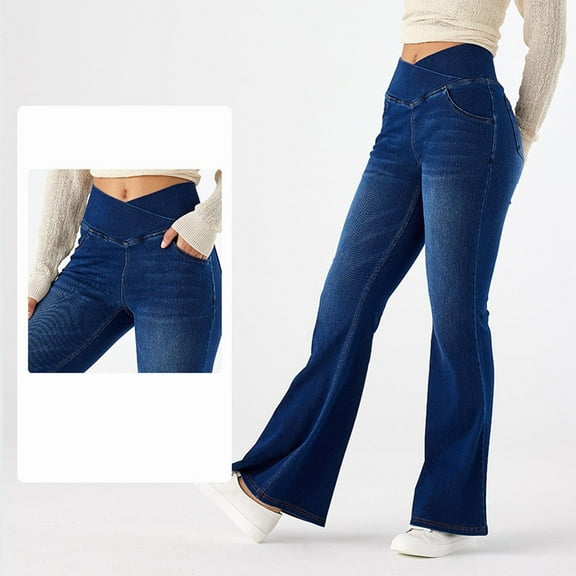ZHOGXU Women's Jeans With Pockets High Waist Solid Color Wide Leg Flare Stretch Comfortable Denim Pants Trousers For Everyday Wear,Dark Blue,Xs