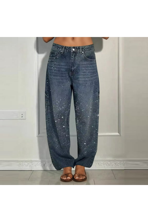 Women's Jeans With Pockets High Waisted Sequin Straight Fit Wide Leg Loose Denim Pants Trousers For Casual Daily Wear,Blue,L